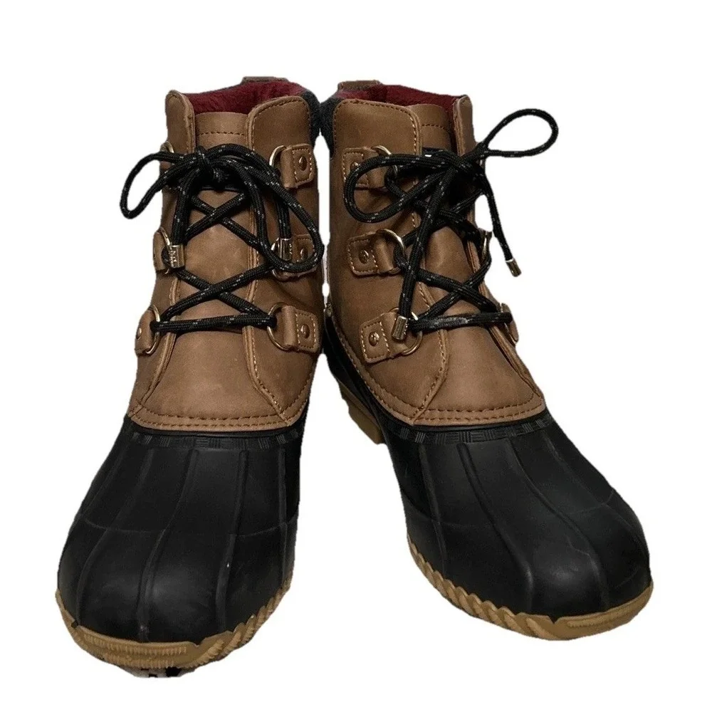 Tommy Hilfiger Womens Roza Duck Boots Tan Black Lace Up Ankle Rain Boots 9M